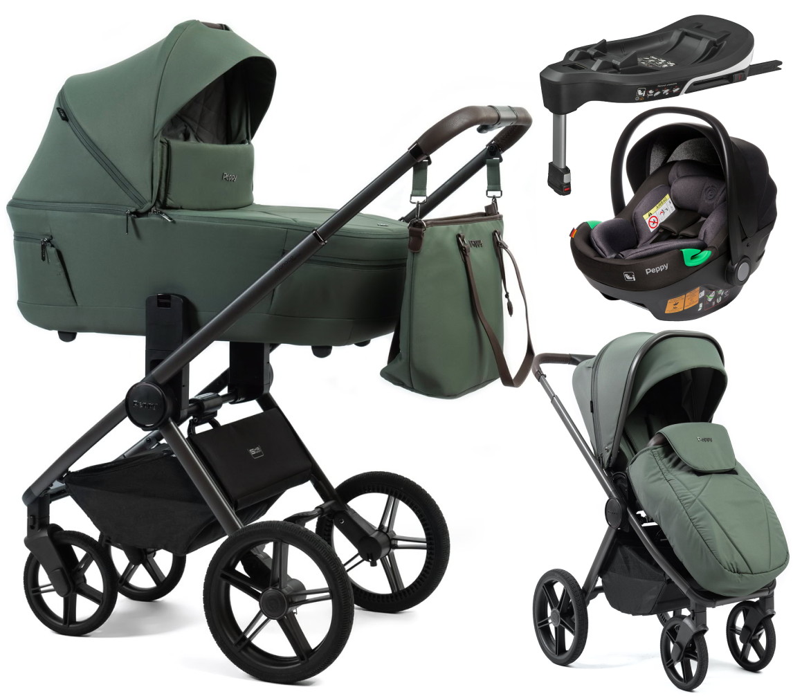 Детская коляска Peppy Monaco Thermo 4 в 1 с автокреслом First и базой Green (зеленый), рама серо-коричневая