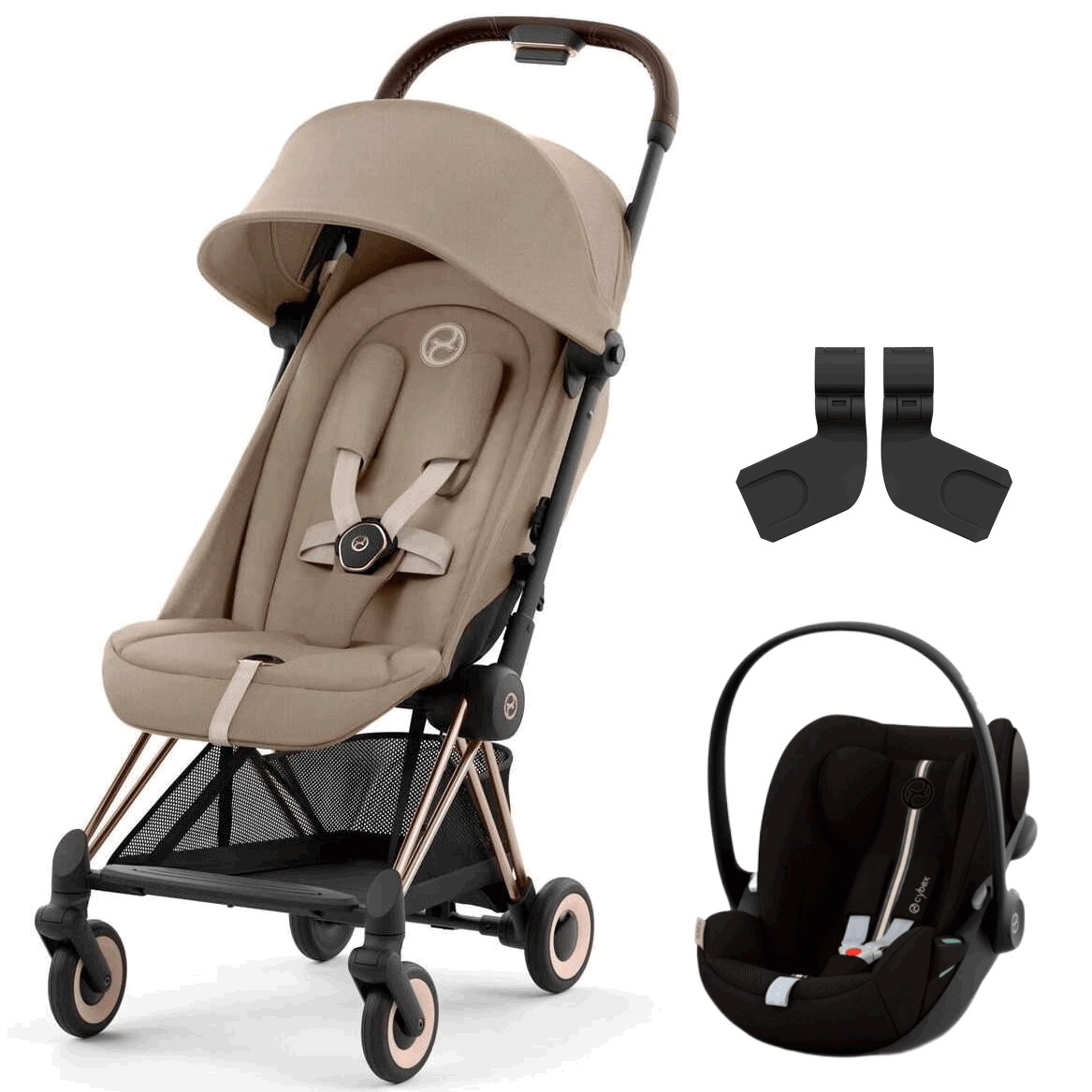 Коляска Cybex Coya Rosegold Frame Cloud G i-Size Moon Black Plus Cozy Beige с дождевиком и бампером