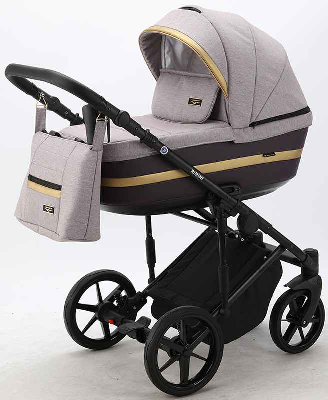 Детская коляска Adamex Rimini 3 в 1 RI14-LUX СЕРО-РОЗОВ+СЛИВОВ.КОЖА+ЗОЛОТО.ОТДЕЛКА
