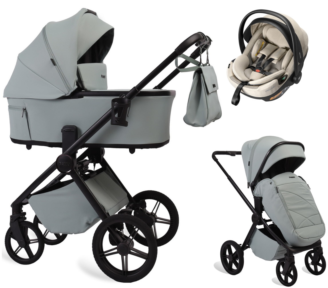 Детская коляска Peppy Monaco Plus 3 в 1 с автокреслом Welldon Crown 2 Beige Mint (мятный), рама черная