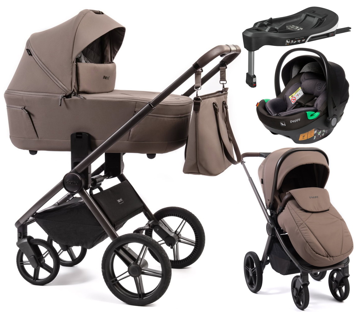Детская коляска Peppy Monaco Thermo 4 в 1 с автокреслом First и базой Mocca (кофе), рама серо-коричневая