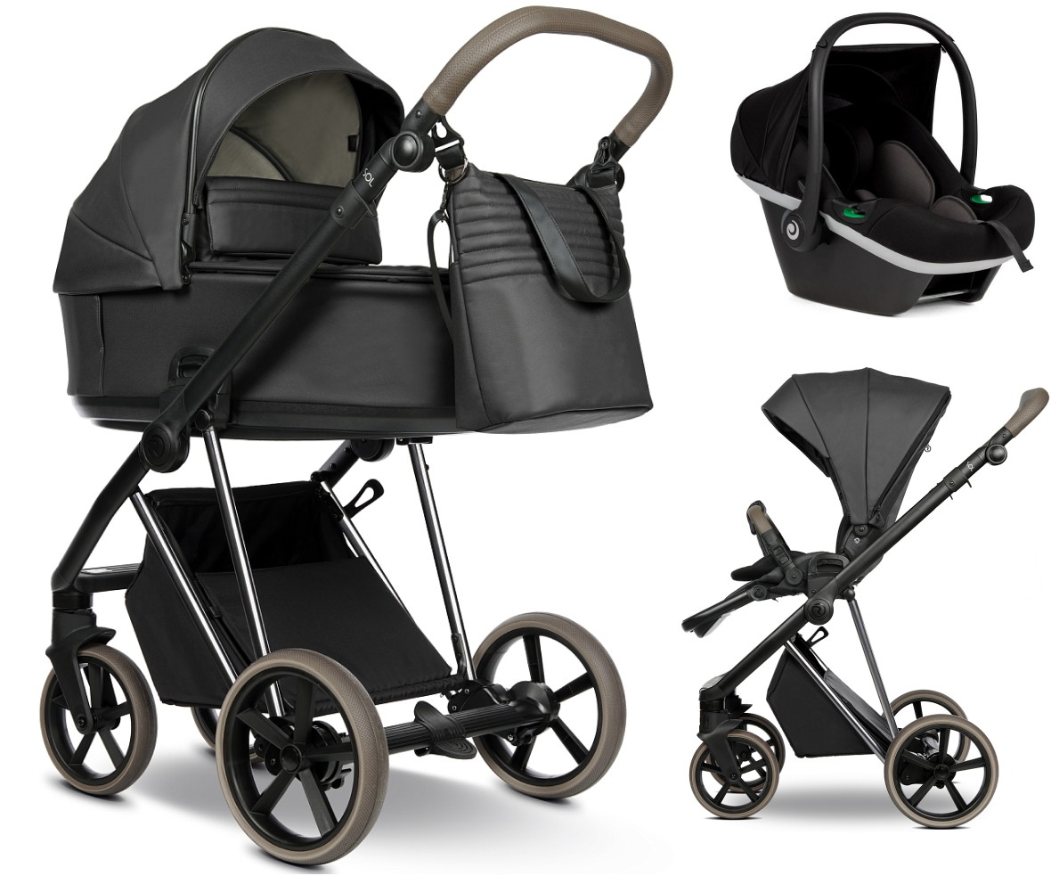 Детская коляска Roan Sol Vintage Luxury Leather 2.0 3 в 1 с автокреслом Tutis Elo Black VEGA99DB Woodland Gray/Nickel/руч.Cappuccino