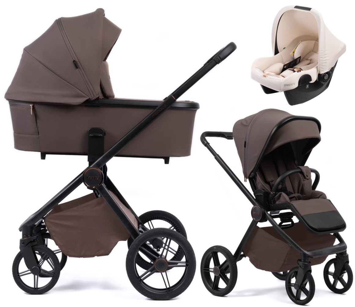 Детская коляска Peppy Monaco Plus 3 в 1 с автокреслом Rise Milk Brownie (коричневый), рама черная