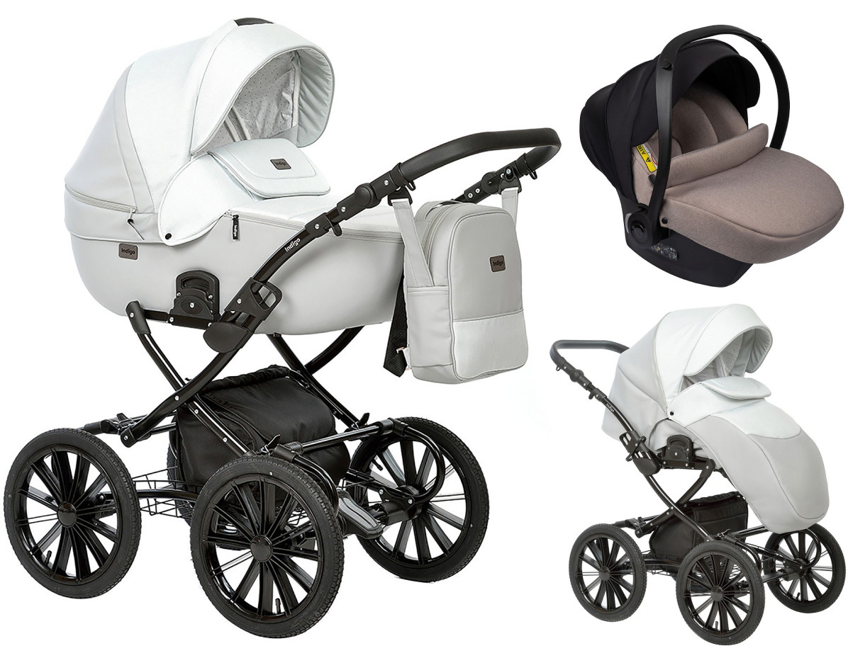 Детская коляска Indigo Porto Classic 14 3 в 1 с автокреслом Avionaut Cosmo Beige Po 02 св.серая кожа+св.серый лен