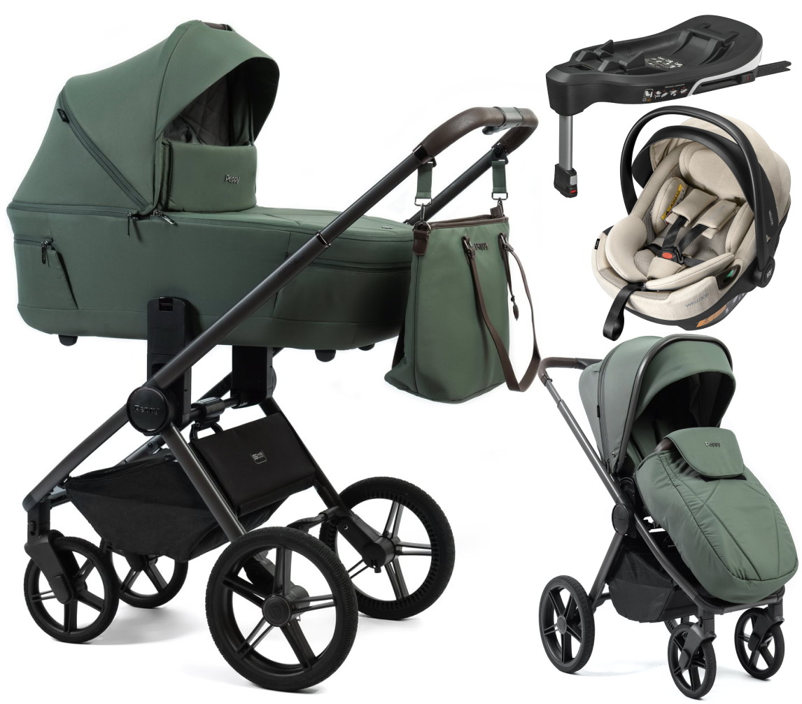 Детская коляска Peppy Monaco Thermo 4 в 1 с автокреслом Welldon Crown 2 и базой Green (зеленый), рама серо-коричневая