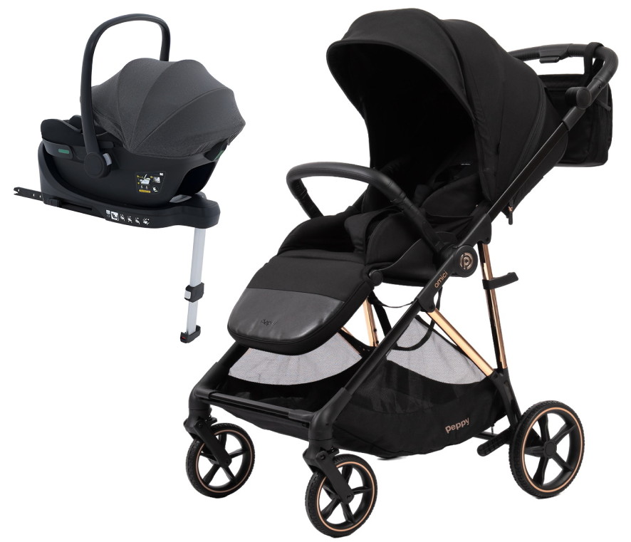 Прогулочная коляска Peppy Amici с автокреслом Jovikids Aria и базой Black рама Gold