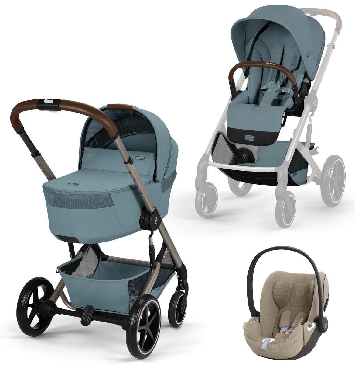 Коляска Cybex Balios S Lux Fold Cot TPE Cloud T Cozy Beige Plus 3 в 1 Stormy Blue с дождевиками