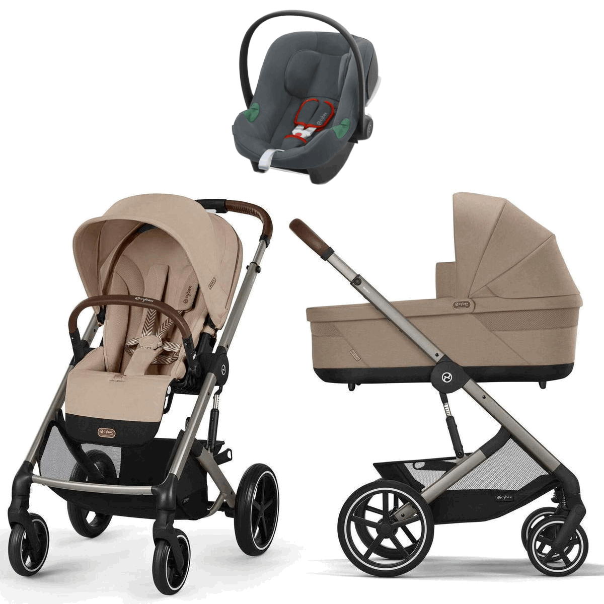 Коляска Cybex Balios S Lux TPE complete Aton B2 Steel Grey 3 в 1 Almond Beige с дождевиками