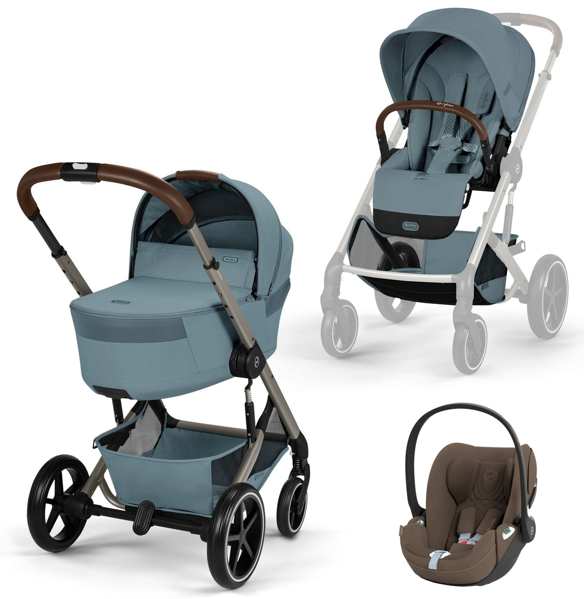 Коляска Cybex Balios S Lux Fold Cot TPE Cloud T Coconut Brown Plus 3 в 1 Stormy Blue с дождевиками