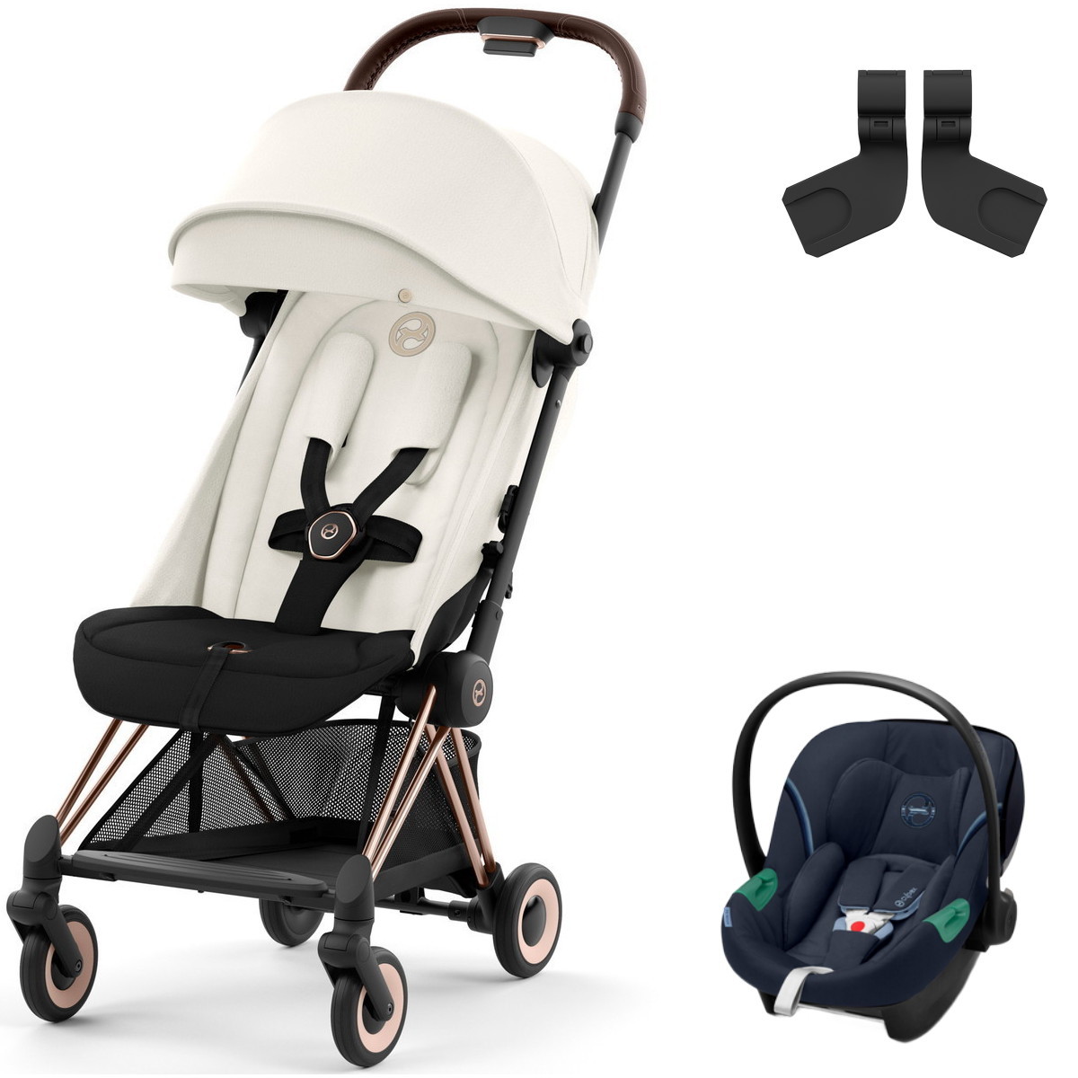 Коляска Cybex Coya Rosegold Frame Aton S2 i-Size Ocean Blue Off White с дождевиком и бампером
