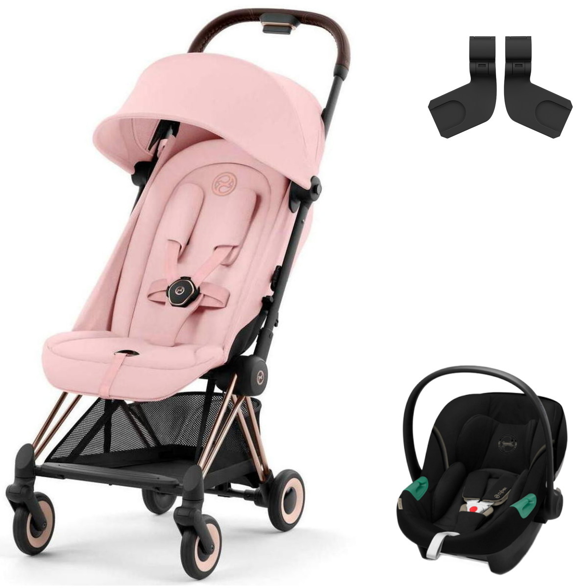 Коляска Cybex Coya Rosegold Frame Aton S2 i-Size Moon Black Peach Pink с дождевиком и бампером