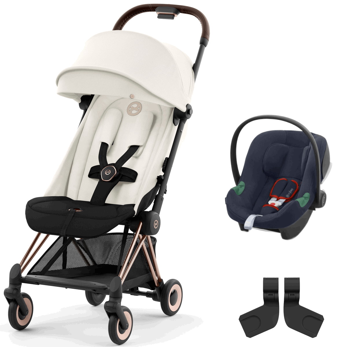 Коляска Cybex Coya Rosegold Frame Aton B2 i-Size Bay Blue Off White с дождевиком и бампером