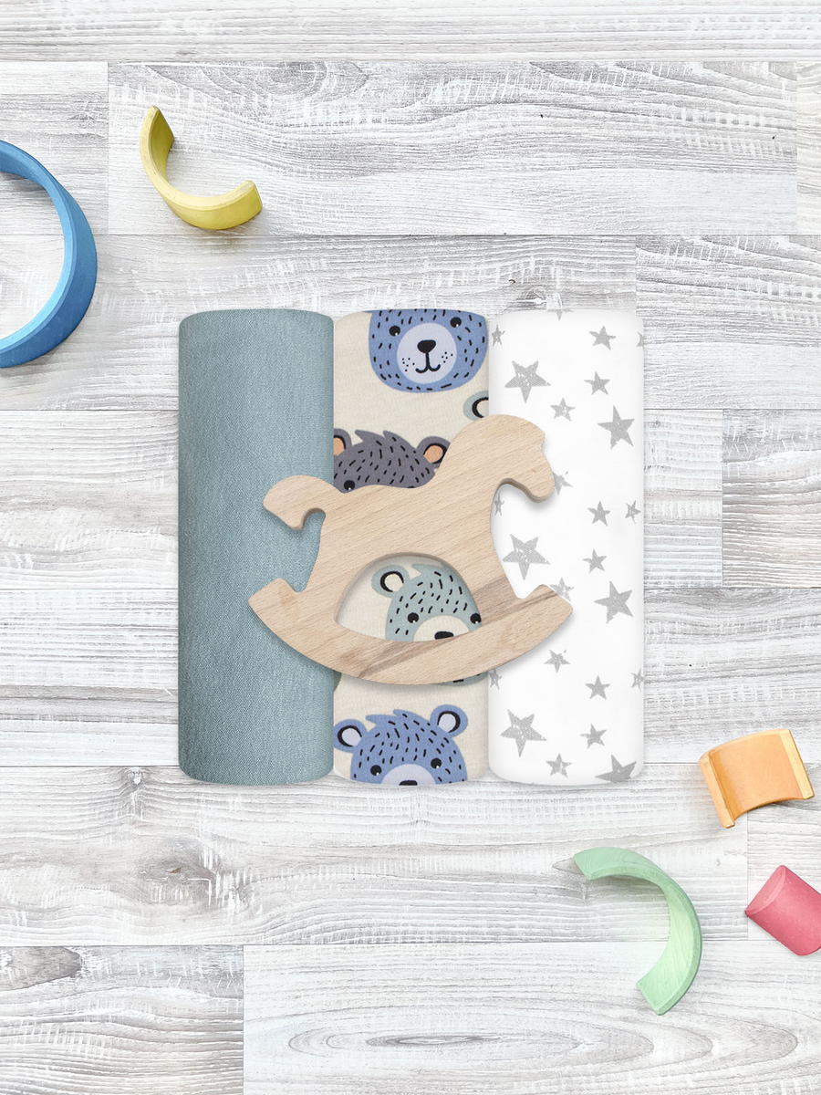 Пелёнки Mjolk трикотажные 3 шт 120х85 см Мишки Гризли / Пыльный синий / Звёзды