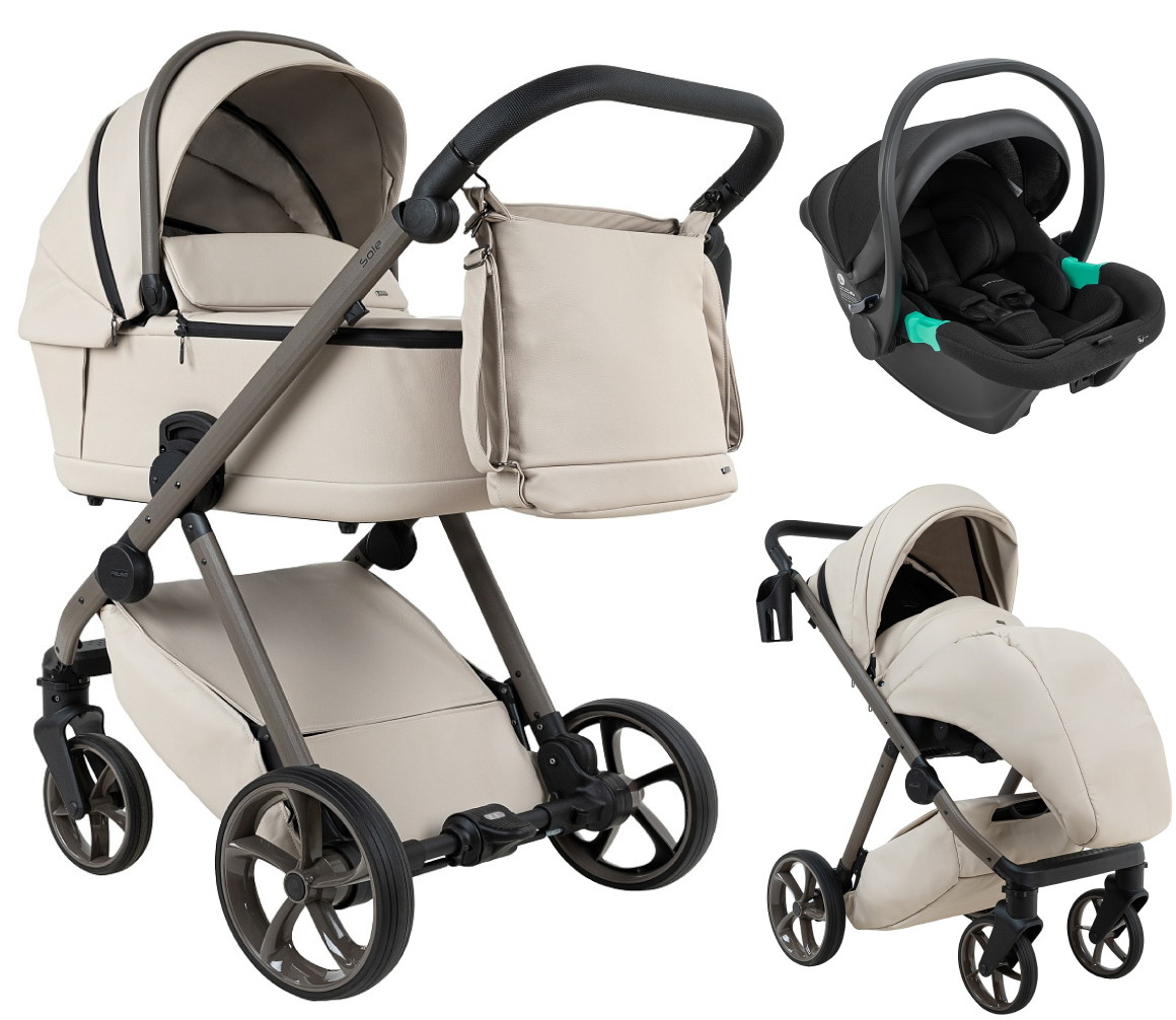Детская коляска Pituso Sole Leather 3 в 1 с автокреслом Santiso Pro Black PMPL/02 Latte