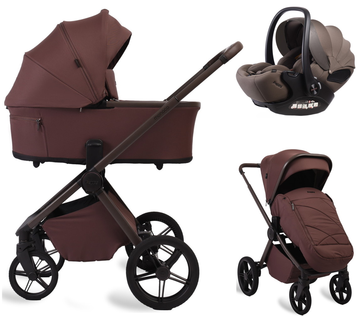 Детская коляска Peppy Monaco Plus 3 в 1 с автокреслом Verona Brown Burgundy (винный), рама коричневая
