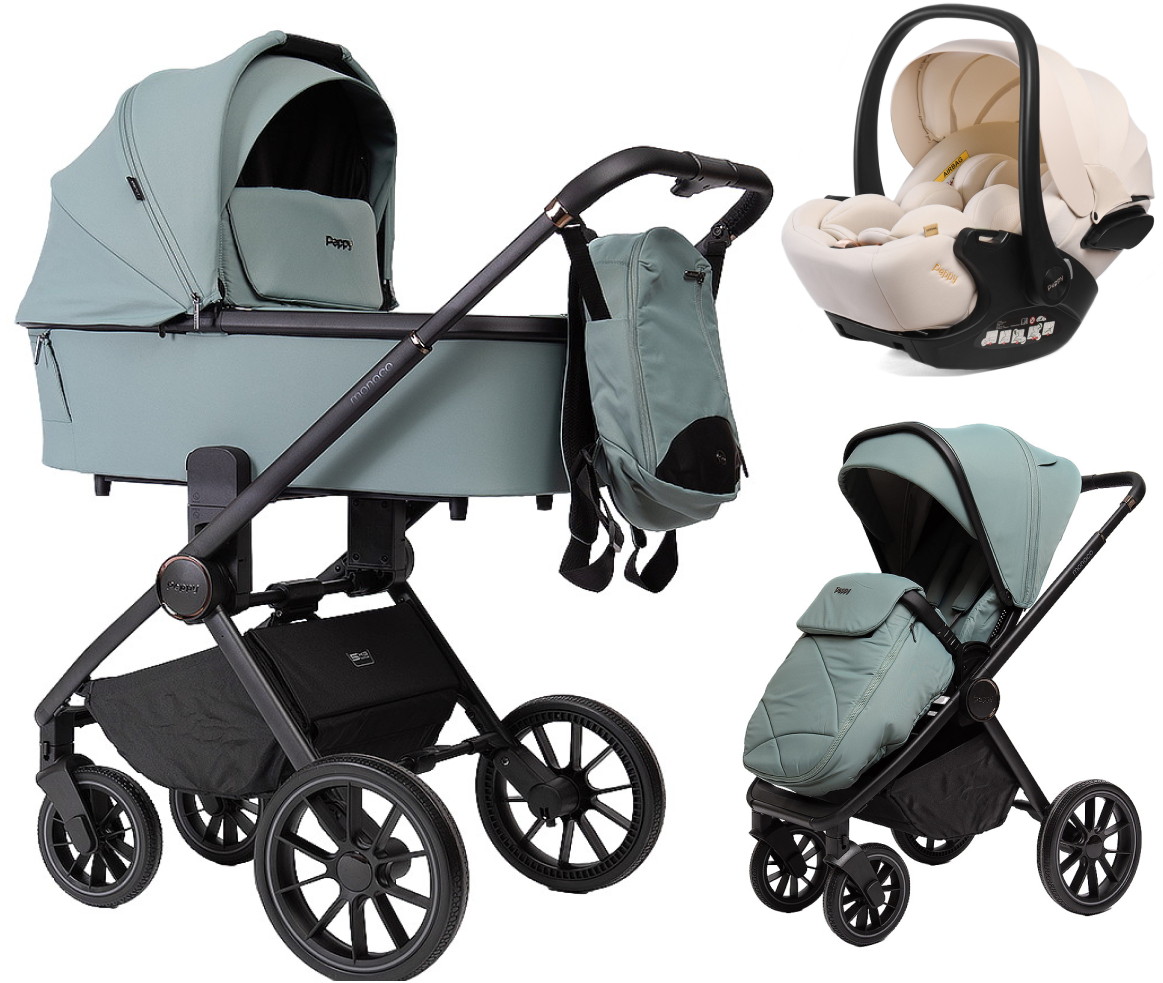 Детская коляска Peppy Monaco 3 в 1 с автокреслом Verona Beige Mint (мятный), рама черная