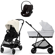 Коляска Cybex Melio Carbon Cloud G i-Size Magic Black 3 в 1 Canvas White с дождевиком/Fog Grey