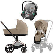 Коляска 3 в 1 Cybex Priam IV Rosegold complete и автокресло Aton S2 i-Size Lava Grey Cozy Beige