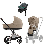Коляска Cybex Priam IV Rosegold complete Aton B2 Steel Grey Base One 3 в 1 Cozy Beige
