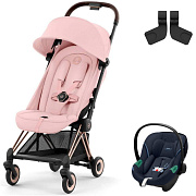 Коляска Cybex Coya Rosegold Frame Aton S2 i-Size Ocean Blue Peach Pink с дождевиком и бампером
