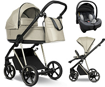 Детская коляска Roan Sol Vintage Luxury Leather 3 в 1 с автокреслом Tutis Elo Lux EduSky Grey VEGA11DB Almond Sugar /Champagne/руч.Champagne