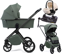 Детская коляска Peppy Monaco Plus 4 в 1 с автокреслом Verona Beige и базой Oliva Green (зеленый), рама серая