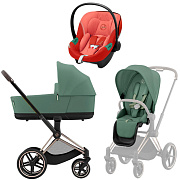 Коляска 3 в 1 Cybex Priam IV Rosegold complete и автокресло Aton S2 i-Size Hibiscus Red Leaf Green