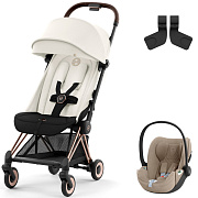 Коляска Cybex Coya Rosegold Frame Cloud T i-Size Cozy Beige Plus Off White с дождевиком и бампером
