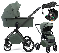 Детская коляска Peppy Monaco Plus 4 в 1 с автокреслом First Black и базой Oliva Green (зеленый), рама серая