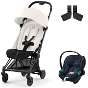 Коляска Cybex Coya Matt Black Frame Aton S2 i-Size Ocean Blue Off White с дождевиком и бампером