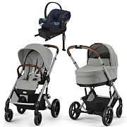 Коляска Cybex Balios S Lux SLV complete Aton S2 Ocean Blue Base One 4 в 1 Stone Grey с дождевиками