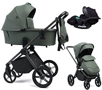 Детская коляска Peppy Monaco 3 в 1 с автокреслом Verona Black Oliva Green (зеленый), рама серая