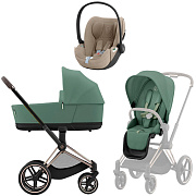 Коляска 3 в 1 Cybex Priam IV Rosegold complete и автокресло Cloud T i-Size Cozy Beige Plus Leaf Green
