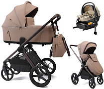 Детская коляска Peppy Soho 4 в 1 с автокреслом Welldon Crown 2 Beige и базой Sand (песочный) рама шоколад