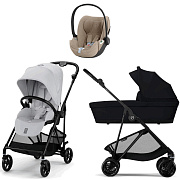 Коляска Cybex Melio Carbon Cloud T i-Size Cozy Beige Plus 3 в 1 Fog Grey/Magic Black с дождевиками
