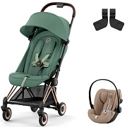 Коляска Cybex Coya Rosegold Frame Cloud G i-Size Almond Beige Plus Leaf Green с дождевиком и бампером