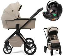Детская коляска Peppy Monaco Plus 3 в 1 с автокреслом First Black Sandstone (песочный), рама черная