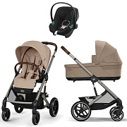 Коляска Cybex Balios S Lux TPE complete Aton B2 Volcano Black 3 в 1 Almond Beige с дождевиками