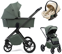 Детская коляска Peppy Monaco Plus 3 в 1 с автокреслом Jet Beige Oliva Green (зеленый), рама серая
