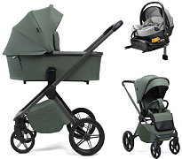 Детская коляска Peppy Monaco Plus 4 в 1 с автокреслом Welldon Crown 2 Grey и базой Oliva Green (зеленый), рама серая
