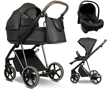 Детская коляска Roan Sol Vintage Luxury Leather 3 в 1 с автокреслом Tutis Elo Lux EduSky Black VEGA99DB Woodland Gray/Nickel/руч.Cappuccino