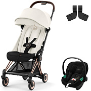 Коляска Cybex Coya Rosegold Frame Aton S2 i-Size Moon Black Off White с дождевиком и бампером
