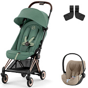 Коляска Cybex Coya Rosegold Frame Cloud T i-Size Cozy Beige Plus Leaf Green с дождевиком и бампером