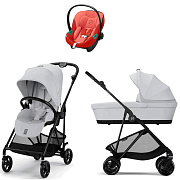 Коляска Cybex Melio Carbon Aton S2 i-Size Hibiscus Red 3 в 1 Fog Grey с дождевиком