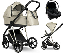 Детская коляска Roan Sol Vintage Luxury Leather 3 в 1 с автокреслом Tutis Elo Lux EduSky Black VEGA11DB Almond Sugar /Champagne/руч.Champagne