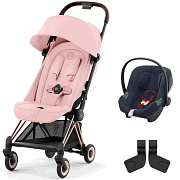 Коляска Cybex Coya Rosegold Frame Aton B2 i-Size Bay Blue Peach Pink с дождевиком и бампером