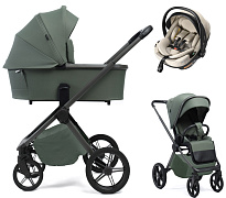 Детская коляска Peppy Monaco Plus 3 в 1 с автокреслом Welldon Crown 2 Beige Oliva Green (зеленый), рама серая
