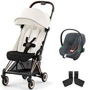 Коляска Cybex Coya Rosegold Frame Aton B2 i-Size Steel Grey Off White с дождевиком и бампером