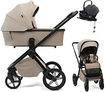 Детская коляска Peppy Monaco Plus 4 в 1 с автокреслом Jovikids Aria Black и базой Sandstone (песочный), рама черная
