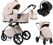 Детская коляска Peppy Monaco Plus 3 в 1 с автокреслом Jet Black Cream (кремовый), рама бежевая